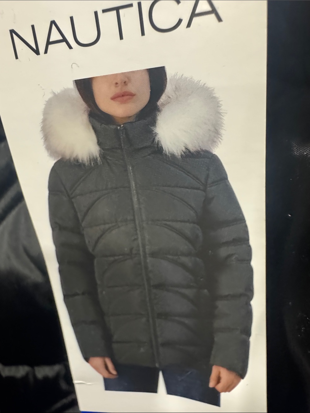 Nautica Women's Dark Gray Puffer Jacket with White Faux Fur Hood Trim